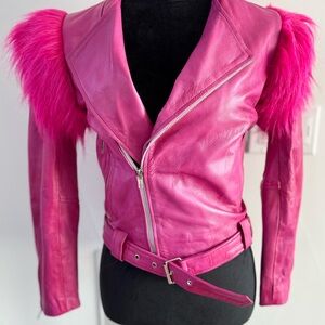 Vibrant Pink Leather Jacket with Fur Details